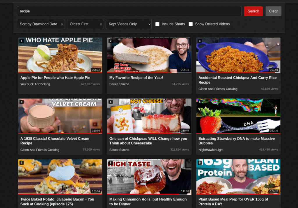 Searching for recipes in Youtube Cuck project.