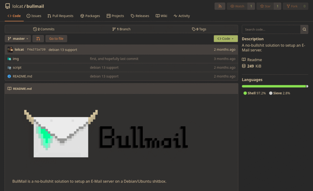 Screenshot of Bullmail's git repository.